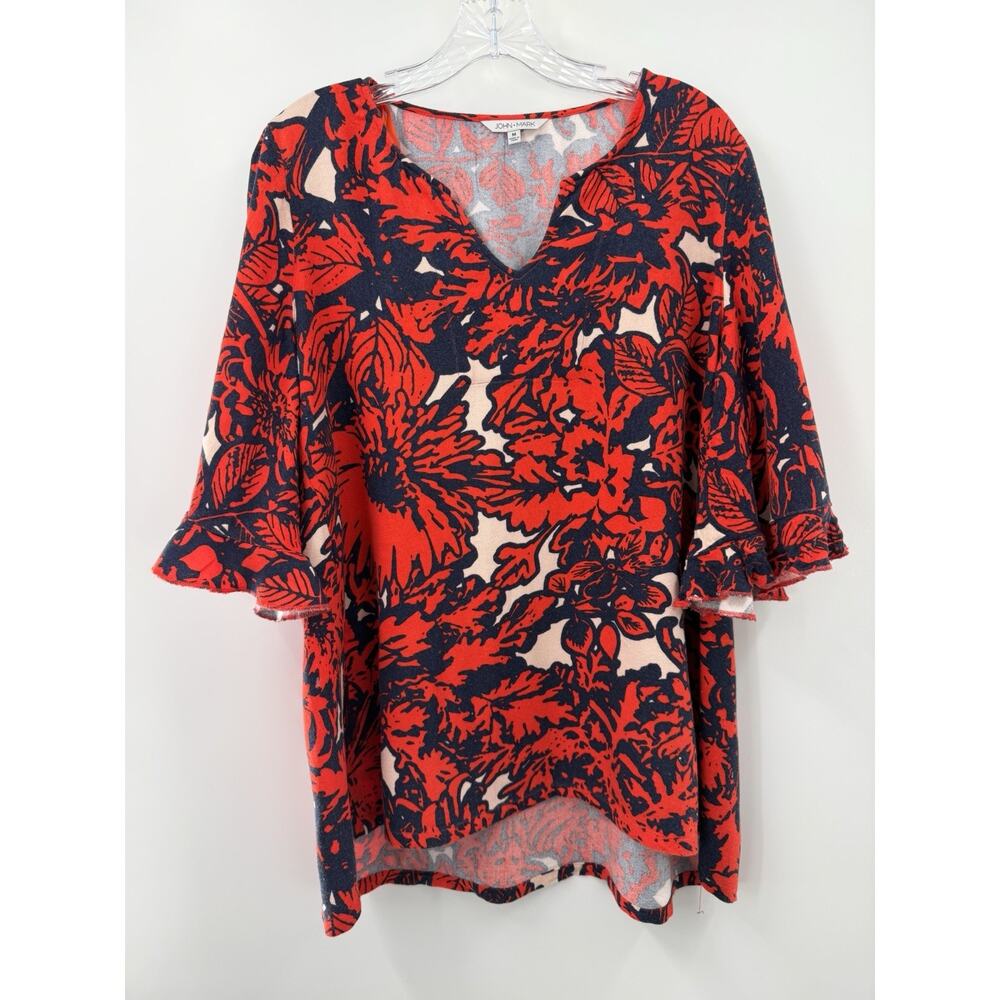 John Mark Women’s Floral V Neck Pullover Blouse Tunic Red Blue Ruffle Sleeve M